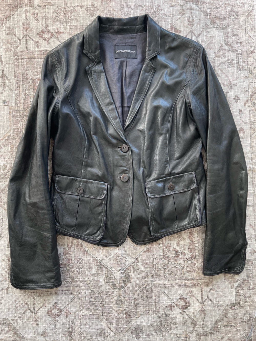Emporio Armani Y2K Black Leather Single-Breasted Blazer